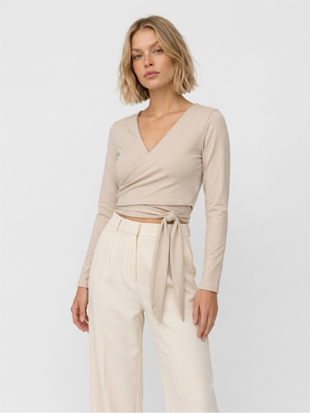 Susana Monaco Beige/Almond Wrap-Style Long Sleeve Crop Top